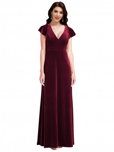 V-Neck Long Stretch Velvet Burgundy Flutter Sleeves Semi Formal Evening Dress / Prom Dress / Bridesmaid Dress Victoria