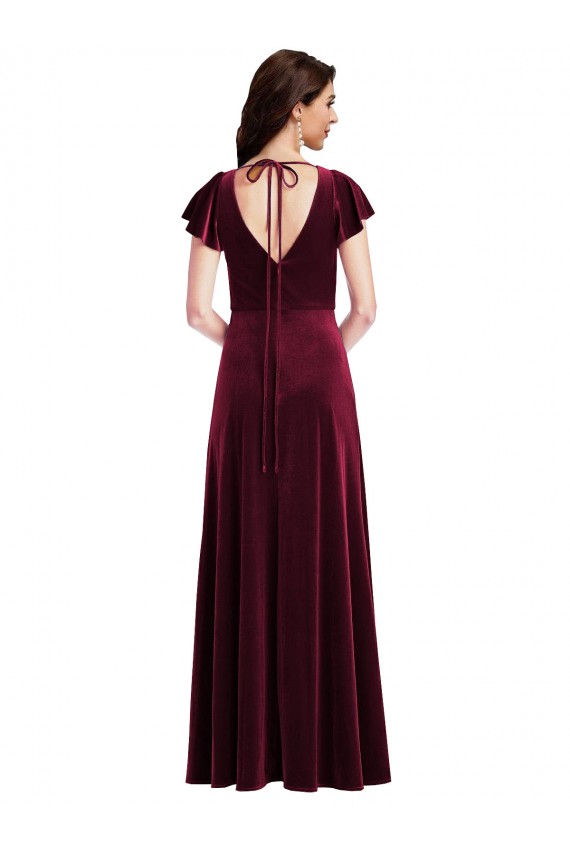 V-Neck Long Stretch Velvet Burgundy Flutter Sleeves Semi Formal Evening Dress / Prom Dress / Bridesmaid Dress Victoria