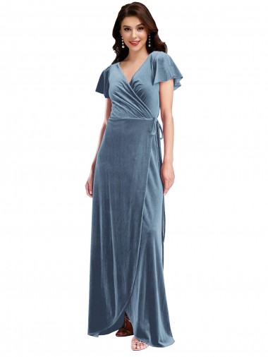 V-Neck Long Stretch Velvet Dusty Blue Flutter Sleeves Black Tie Evening Gown / Prom Dress / Bridesmaid Dress Victoria