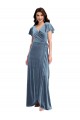 V-Neck Long Stretch Velvet Dusty Blue Flutter Sleeves Black Tie Evening Gown / Prom Dress / Bridesmaid Dress Victoria