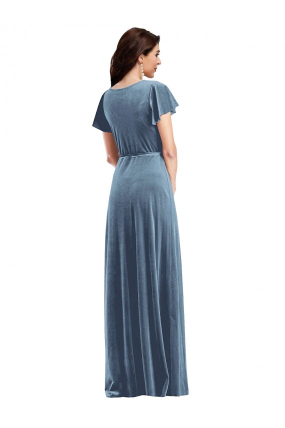 V-Neck Long Stretch Velvet Dusty Blue Flutter Sleeves Black Tie Evening Gown / Prom Dress / Bridesmaid Dress Victoria