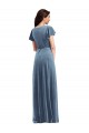 V-Neck Long Stretch Velvet Dusty Blue Flutter Sleeves Black Tie Evening Gown / Prom Dress / Bridesmaid Dress Victoria