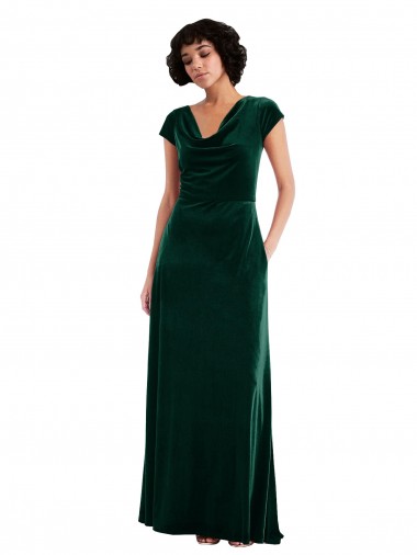 Cowl Neck Long Stretch Velvet Dark Green Cap Sleeves Black Tie Evening Gown / Prom Dress / Bridesmaid Dress Victoria