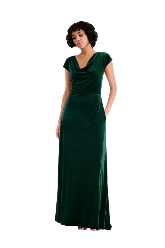 Cowl Neck Long Stretch Velvet Dark Green Cap Sleeves Black Tie Evening Gown / Prom Dress / Bridesmaid Dress Victoria