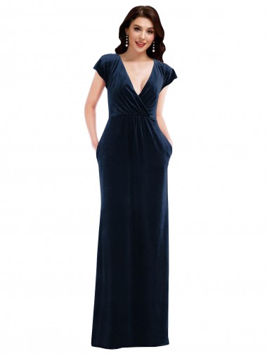 V-Neck Long Stretch Velvet Dark Navy Flutter Sleeves Formal Dress / Bridesmaid Dress Victoria