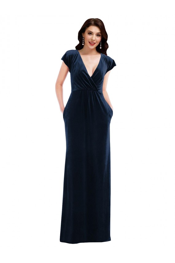 V-Neck Long Stretch Velvet Dark Navy Flutter Sleeves Formal Dress / Bridesmaid Dress Victoria