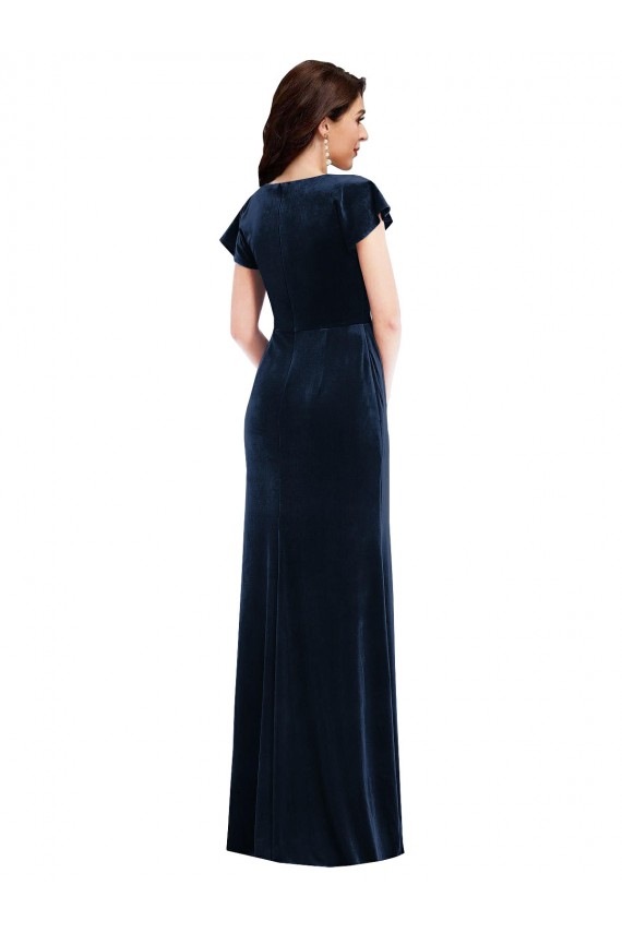 V-Neck Long Stretch Velvet Dark Navy Flutter Sleeves Formal Dress / Bridesmaid Dress Victoria