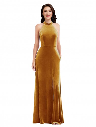 High Neck Long Stretch Velvet Gold Sleeveless Semi Formal Evening Dress / Prom Dress / Bridesmaid Dress Victoria