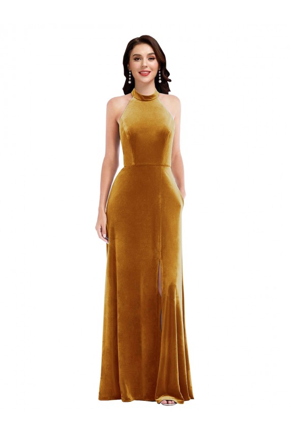 High Neck Long Stretch Velvet Gold Sleeveless Semi Formal Evening Dress / Prom Dress / Bridesmaid Dress Victoria