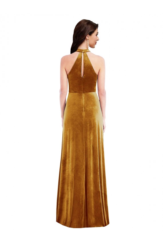 High Neck Long Stretch Velvet Gold Sleeveless Semi Formal Evening Dress / Prom Dress / Bridesmaid Dress Victoria