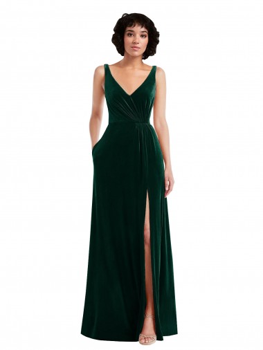 V-Neck Long Stretch Velvet Dark Green Sleeveless Bridesmaid Dress / Evening Dress Victoria
