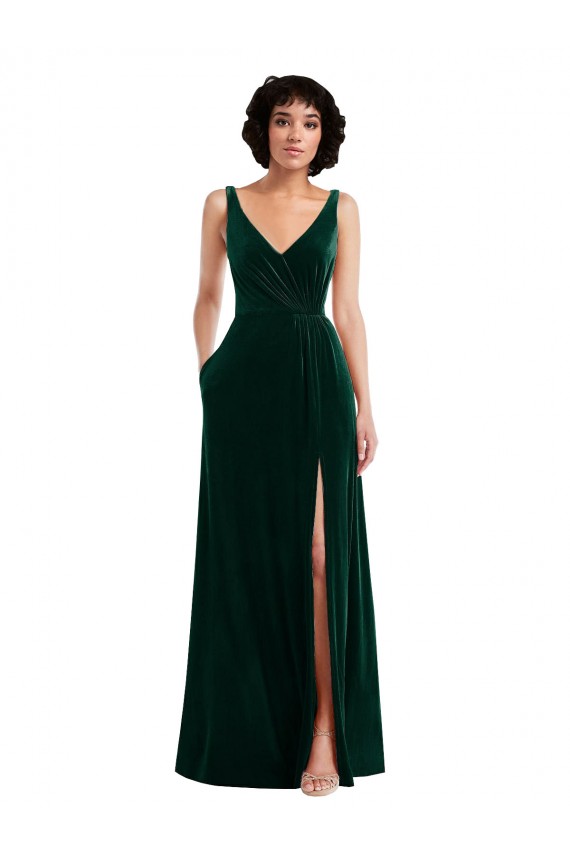 V-Neck Long Stretch Velvet Dark Green Sleeveless Bridesmaid Dress / Evening Dress Victoria