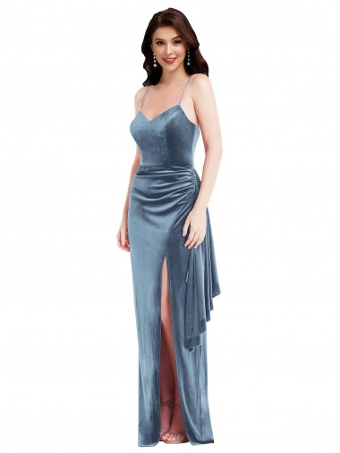 Sweetheart Long Stretch Velvet Dusty Blue Sleeveless Formal Evening Gown / Prom Dress / Bridesmaid Dress Victoria