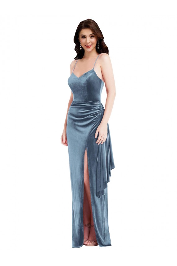 Sweetheart Long Stretch Velvet Dusty Blue Sleeveless Formal Evening Gown / Prom Dress / Bridesmaid Dress Victoria