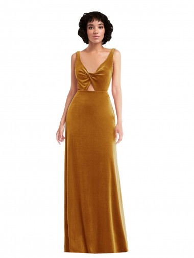 V-Neck Long Stretch Velvet Gold Sleeveless Semi Formal Evening Dress / Prom Dress / Bridesmaid Dress Victoria