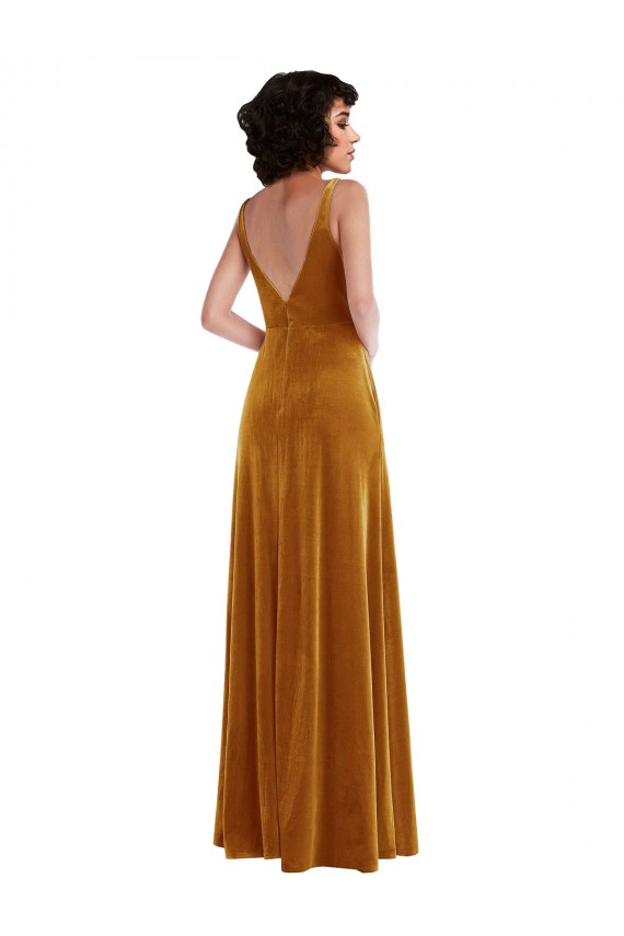 V-Neck Long Stretch Velvet Gold Sleeveless Semi Formal Evening Dress / Prom Dress / Bridesmaid Dress Victoria