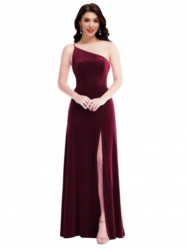 One Shoulder Long Stretch Velvet Burgundy Sleeveless Black Tie Evening Dress / Prom Dress / Bridesmaid Dress Victoria