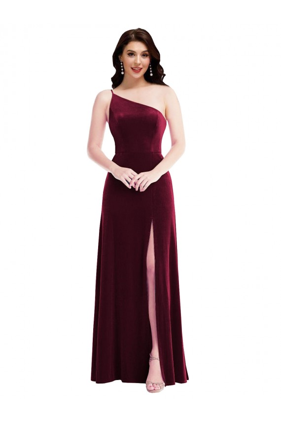 One Shoulder Long Stretch Velvet Burgundy Sleeveless Black Tie Evening Dress / Prom Dress / Bridesmaid Dress Victoria