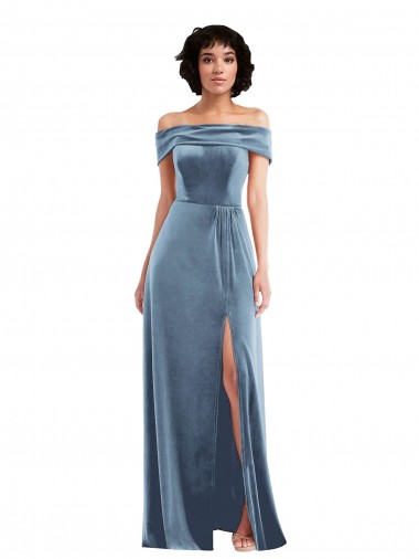Off the Shoulder Long Stretch Velvet Dusty Blue Sleeveless Semi Formal Evening Dress / Prom Dress / Bridesmaid Dress Victoria