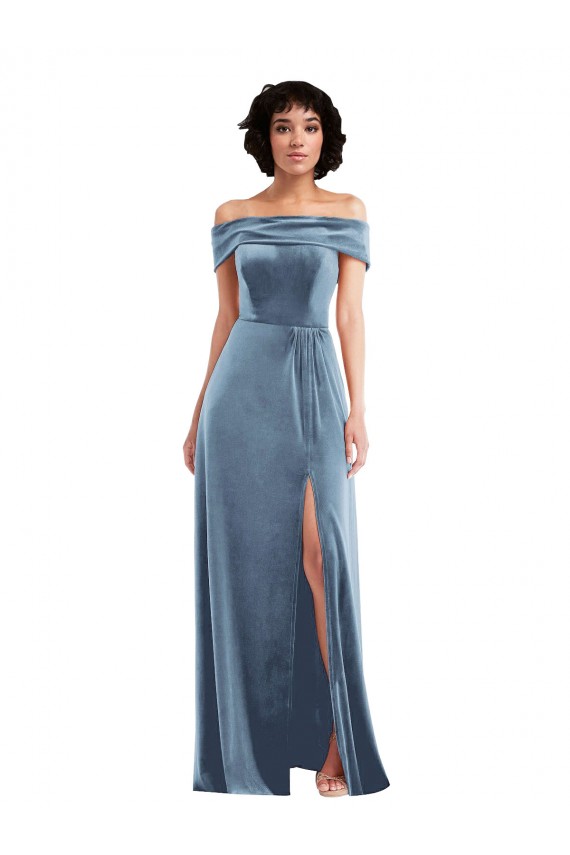 Off the Shoulder Long Stretch Velvet Dusty Blue Sleeveless Semi Formal Evening Dress / Prom Dress / Bridesmaid Dress Victoria