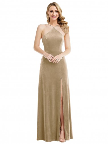 High Neck Long Stretch Velvet Champagne Sleeveless Semi Formal Evening Dress / Prom Dress / Bridesmaid Dress Victoria
