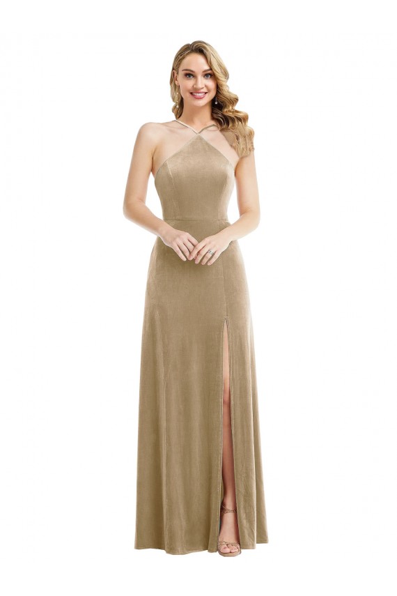 High Neck Long Stretch Velvet Champagne Sleeveless Semi Formal Evening Dress / Prom Dress / Bridesmaid Dress Victoria