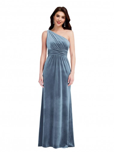 Off the Shoulder Long Stretch Velvet Dusty Blue Sleeveless Bridesmaid Dress / Evening Dress Victoria