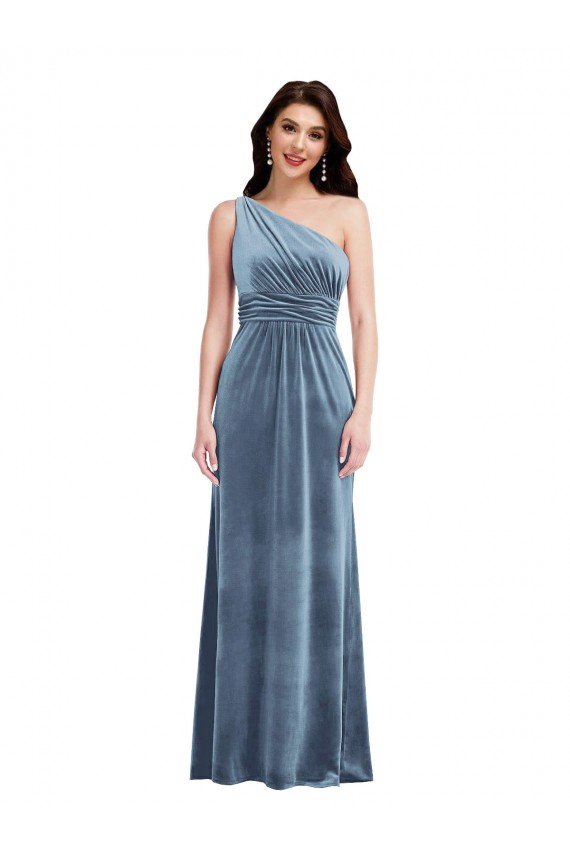 Off the Shoulder Long Stretch Velvet Dusty Blue Sleeveless Bridesmaid Dress / Evening Dress Victoria