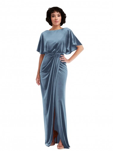 Long Stretch Velvet Dusty Blue Flutter Sleeves Semi Formal Evening Dress / Prom Dress / Bridesmaid Dress Victoria
