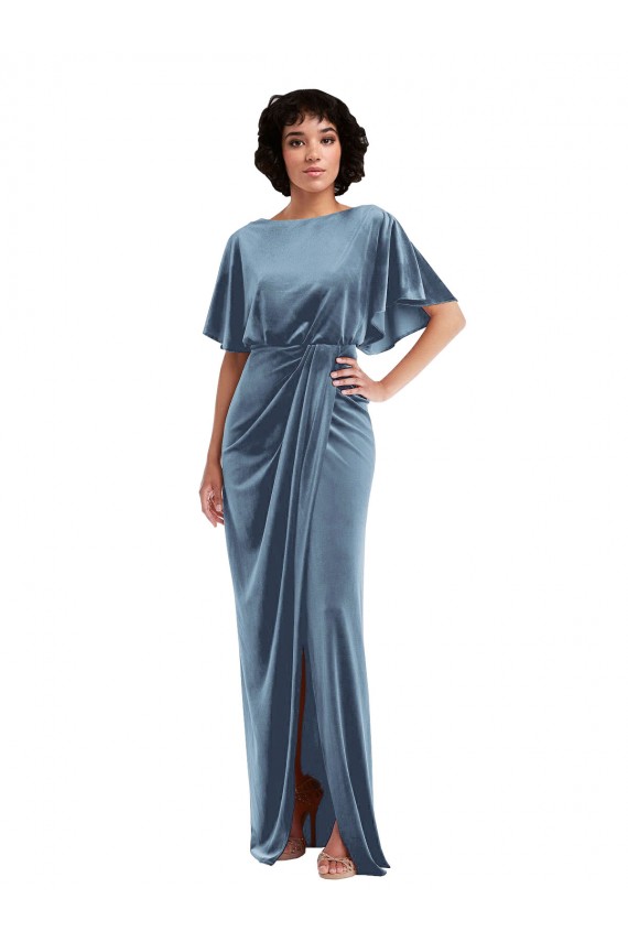 Long Stretch Velvet Dusty Blue Flutter Sleeves Semi Formal Evening Dress / Prom Dress / Bridesmaid Dress Victoria