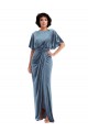 Long Stretch Velvet Dusty Blue Flutter Sleeves Semi Formal Evening Dress / Prom Dress / Bridesmaid Dress Victoria