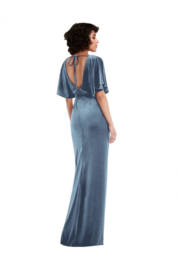 Long Stretch Velvet Dusty Blue Flutter Sleeves Semi Formal Evening Dress / Prom Dress / Bridesmaid Dress Victoria