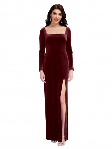 Square Neck Long Stretch Velvet Burgundy Long Sleeves Prom Dress / Bridesmaid Dress Victoria