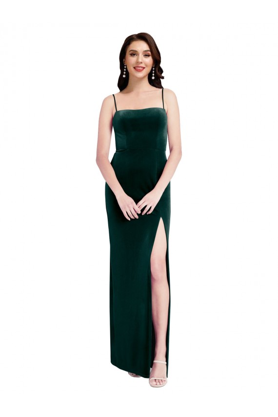 Square Neck Long Stretch Velvet Dark Green Sheath Sleeveless Prom Dress / Bridesmaid Dress Victoria