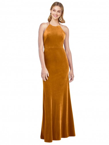 High Neck Long Stretch Velvet Gold Sleeveless Formal Evening Gown / Prom Dress / Bridesmaid Dress Victoria
