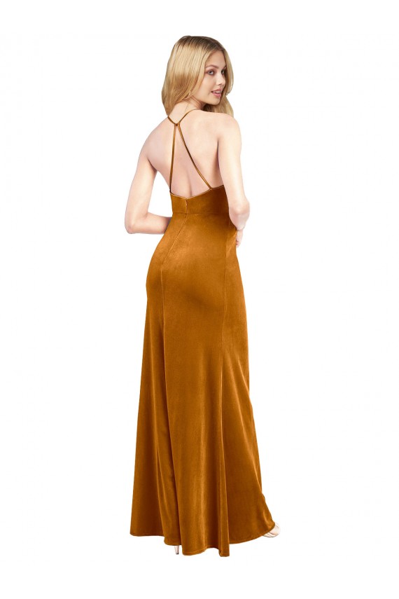 High Neck Long Stretch Velvet Gold Sleeveless Formal Evening Gown / Prom Dress / Bridesmaid Dress Victoria