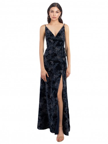 V-Neck Long Floral Velvet & Stretch Velvet Dark Navy Sleeveless Bridesmaid Dress Victoria