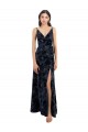 V-Neck Long Floral Velvet & Stretch Velvet Dark Navy Sleeveless Bridesmaid Dress Victoria