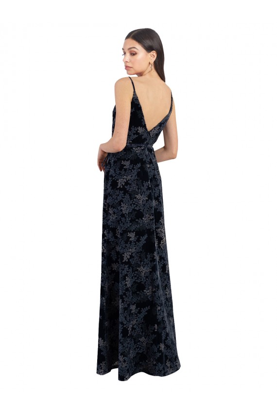 V-Neck Long Floral Velvet & Stretch Velvet Dark Navy Sleeveless Bridesmaid Dress Victoria