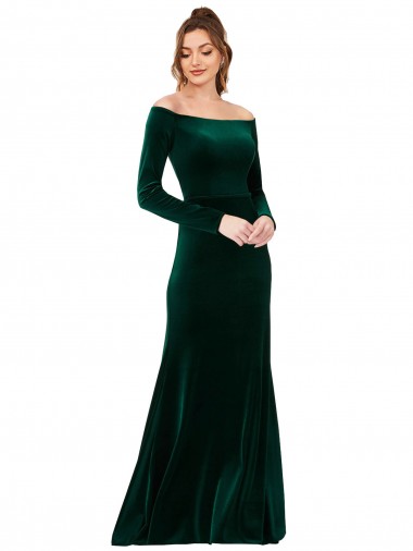 Off the Shoulder Long Stretch Velvet Dark Green Long Sleeves Formal Evening Gown / Prom Dress / Bridesmaid Dress Victoria