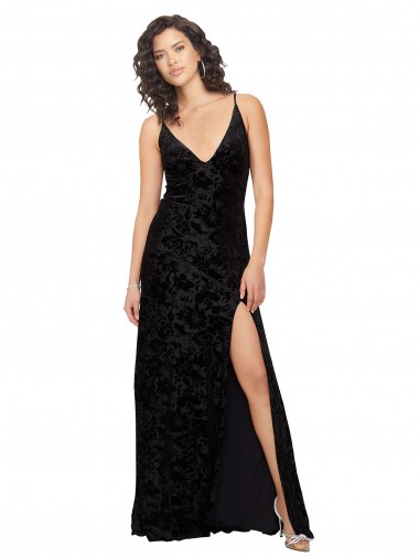 V-Neck Long Floral Velvet & Stretch Velvet Black Sleeveless Bridesmaid Dress Victoria