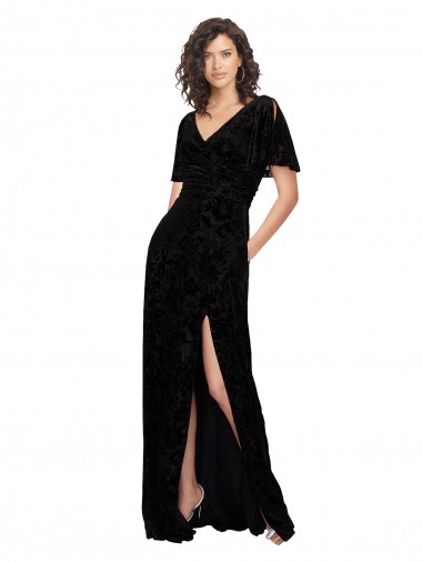 V-Neck Long Floral Velvet & Stretch Velvet Black Short Split Sleeves Bridesmaid Dress Victoria