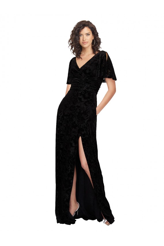 V-Neck Long Floral Velvet & Stretch Velvet Black Short Split Sleeves Bridesmaid Dress Victoria