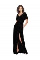 V-Neck Long Floral Velvet & Stretch Velvet Black Short Split Sleeves Bridesmaid Dress Victoria
