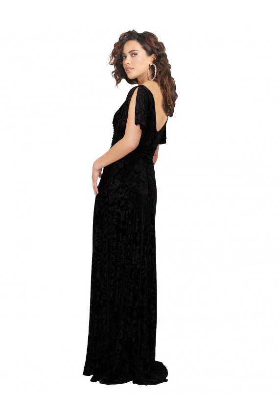 V-Neck Long Floral Velvet & Stretch Velvet Black Short Split Sleeves Bridesmaid Dress Victoria