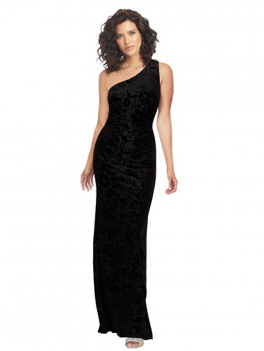 One Shoulder Long Floral Velvet & Stretch Velvet Black Sleeveless Bridesmaid Dresses Victoria