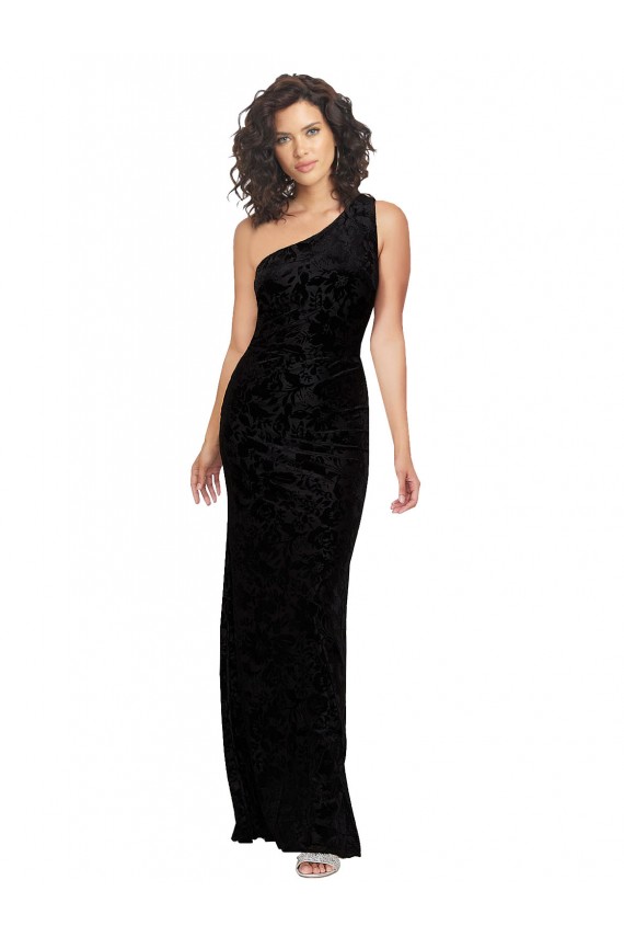 One Shoulder Long Floral Velvet & Stretch Velvet Black Sleeveless Bridesmaid Dresses Victoria