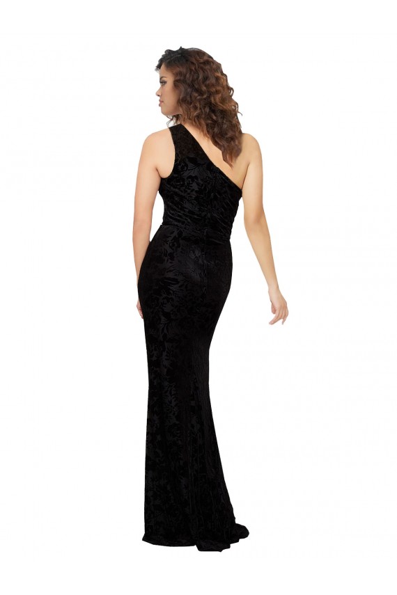 One Shoulder Long Floral Velvet & Stretch Velvet Black Sleeveless Bridesmaid Dresses Victoria