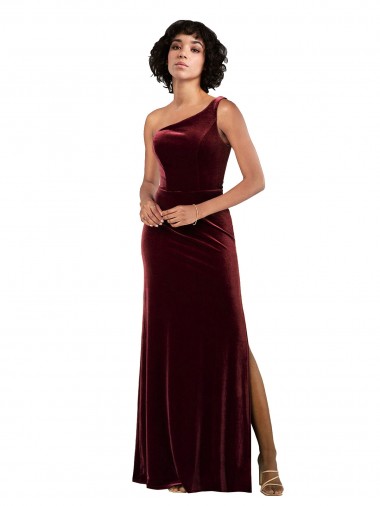 One Shoulder Long Stretch Velvet Burgundy Sleeveless Formal Evening Gown / Prom Dress / Bridesmaid Dress Victoria