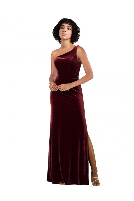 One Shoulder Long Stretch Velvet Burgundy Sleeveless Formal Evening Gown / Prom Dress / Bridesmaid Dress Victoria